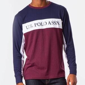 US Polo Assn Men's Blocked Logo Long Sleeve Shirt Blue and White Size S NWT